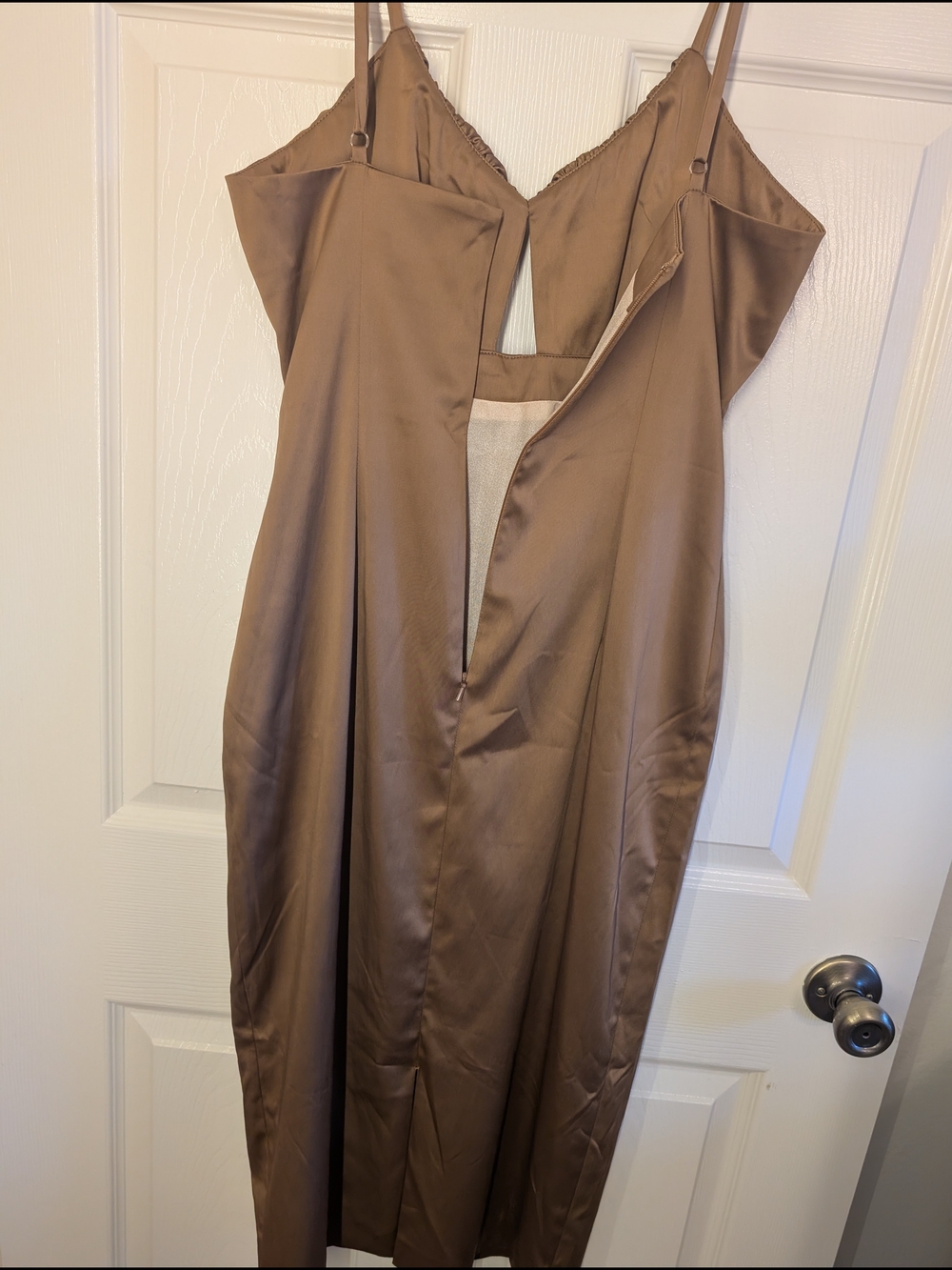 Brown Satin Midi Slip Dress with Pink Floral Embroidery - Picture 6 of 10